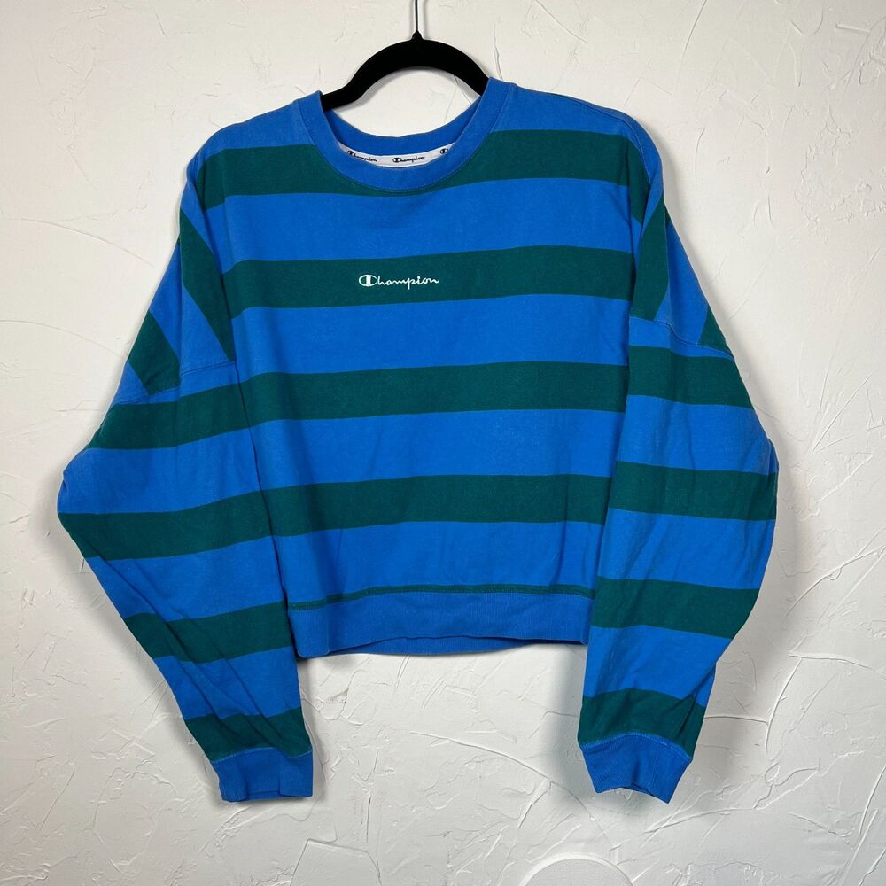 Champion Cropped Striped Sweatshirt Blue Green Size‎ XL Streetwear Y2K